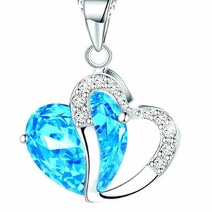 Ladies Heart Shaped Blue Crystal Rhinestone Pendant Silver Necklace