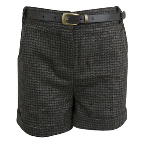 Girls Brown Dogtooth Print Belted Shorts Turn Up Hem Summer Hot Pant Plus Belt