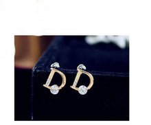 Load image into Gallery viewer, D Shape Crystal CZ Earring Gold Tone Stud Earrings
