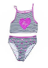 Load image into Gallery viewer, Girls Navy & White Stripe Love Heart Tankini Top & Bottom Swimsuit Set