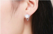 Load image into Gallery viewer, Ladies White Pearl & Micro Pave Cubic Zirconia Triangle Stud Earrings