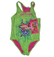Load image into Gallery viewer, Girls Ed Hardy Lime Green Signature Glitter Designer Swimming Costume
