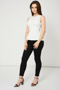 Off White Textured Stretchy Sleeveless Casual Top
