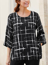 Load image into Gallery viewer, Black Grid 3/4 Sleeve Woven Blouse Scoop Neck