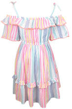 Load image into Gallery viewer, Girls Multi Stripe Rich Cotton Strappy Off Shoulder Short Sleeve Lined Dress