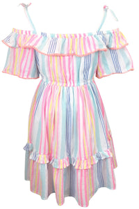 Girls Multi Stripe Rich Cotton Strappy Off Shoulder Short Sleeve Lined Dress