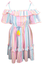 Load image into Gallery viewer, Girls Multi Stripe Rich Cotton Strappy Off Shoulder Short Sleeve Lined Dress