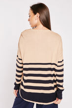 Load image into Gallery viewer, Beige Navy Striped Panel Round Neck Buttoned Shoulder Soft Knit Jumpers