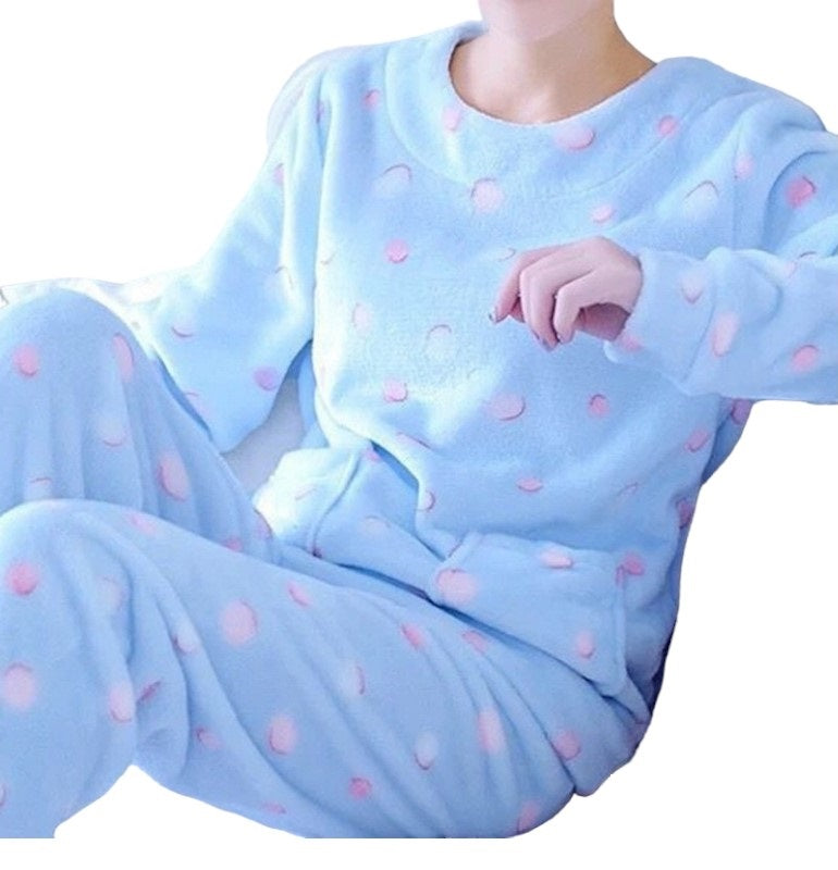 Ladies Blue Multi Spotty Soft Fleece Snuggle Pyjamas Set