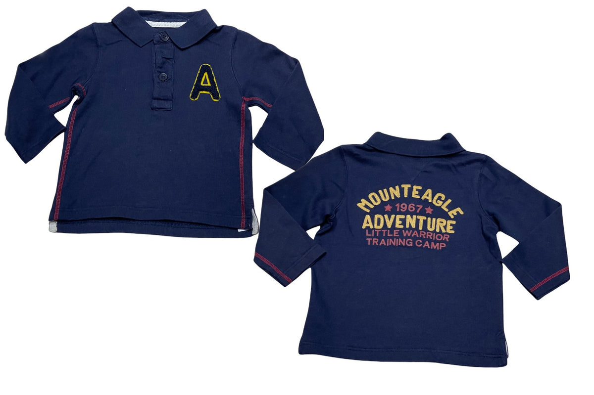 Boys Navy Embroidery Ribbed Collared Cotton Polo T-Shirt Tops