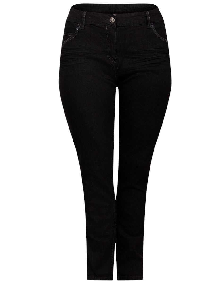 Ladies Ms Mode Black Denim Crinkle Effect Straight Leg Plus Size Jeans