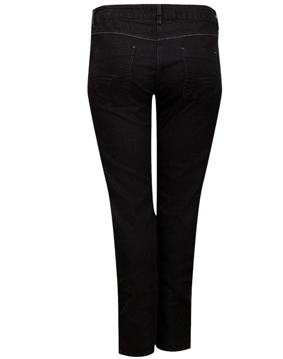 Ladies Ms Mode Black Denim Crinkle Effect Straight Leg Plus Size Jeans