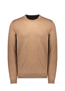 Mens Brown Knitted Ribbed Crew Neck Jumper