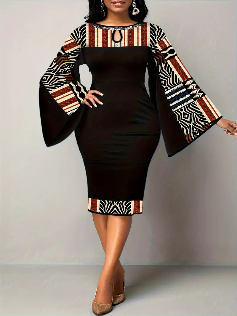 Ladies Elegant Black Geometric Print Cut out Bell Sleeve Dress