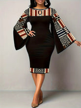 Load image into Gallery viewer, Ladies Elegant Black Geometric Print Cut out Bell Sleeve Dress
