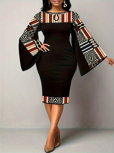 Ladies Elegant Black Geometric Print Cut out Bell Sleeve Dress