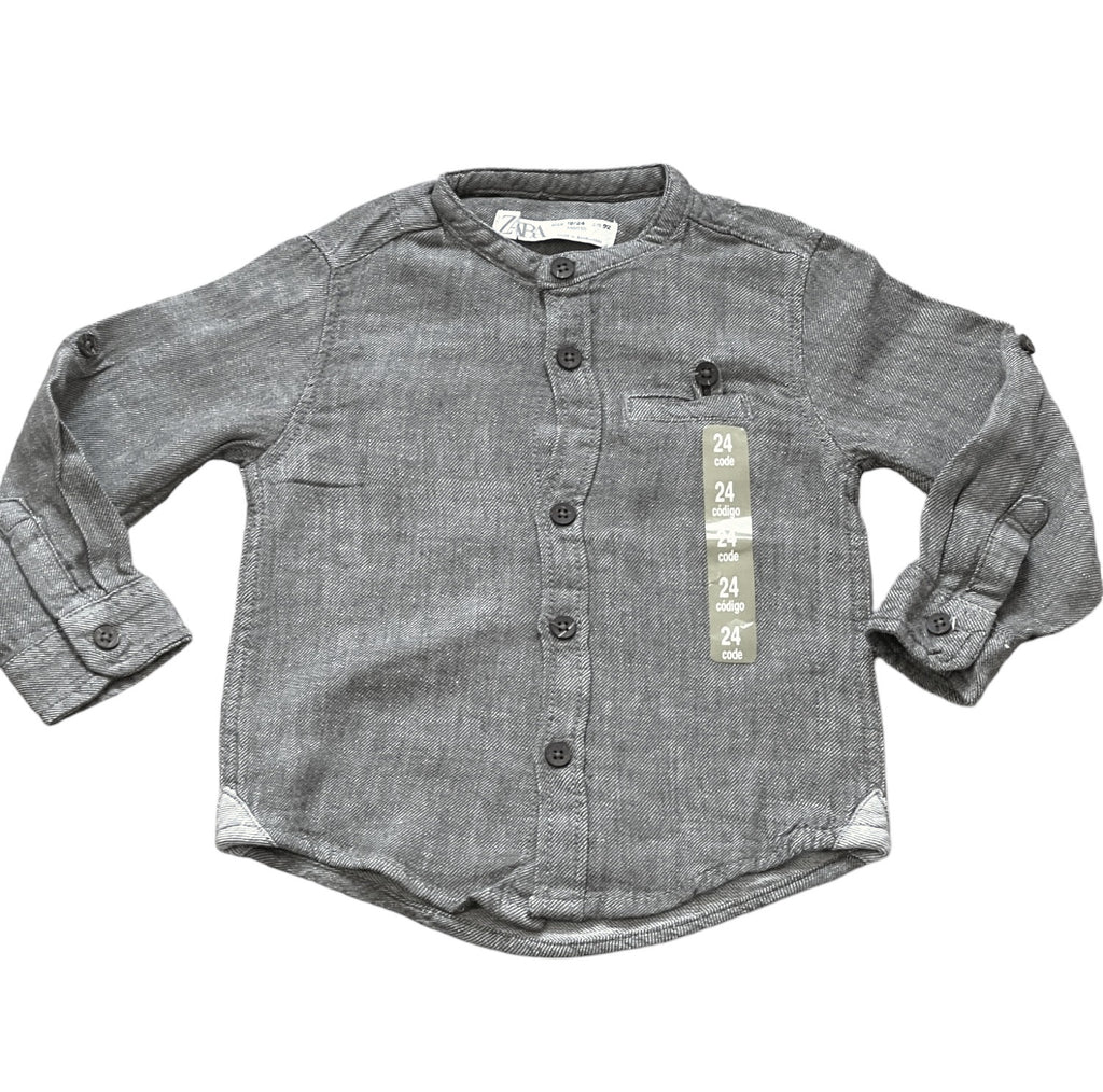 Boys Toddlers Grey Cotton Stand Collar Button Long Sleeve Shirts