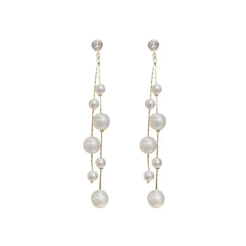 Ladies Gold Plated Simulated Pearl Double Beads Long Dangle Stud Earrings