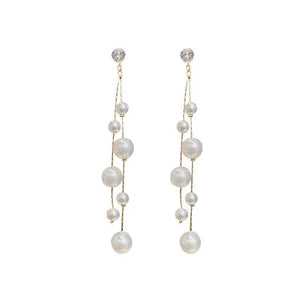 Ladies Gold Plated Simulated Pearl Double Beads Long Dangle Stud Earrings
