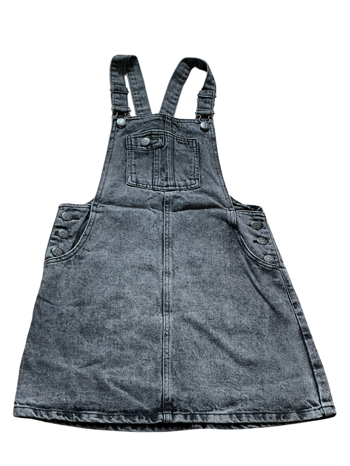 Girls Dark Grey Wash Denim Adjustable Straps Pinafore Dress