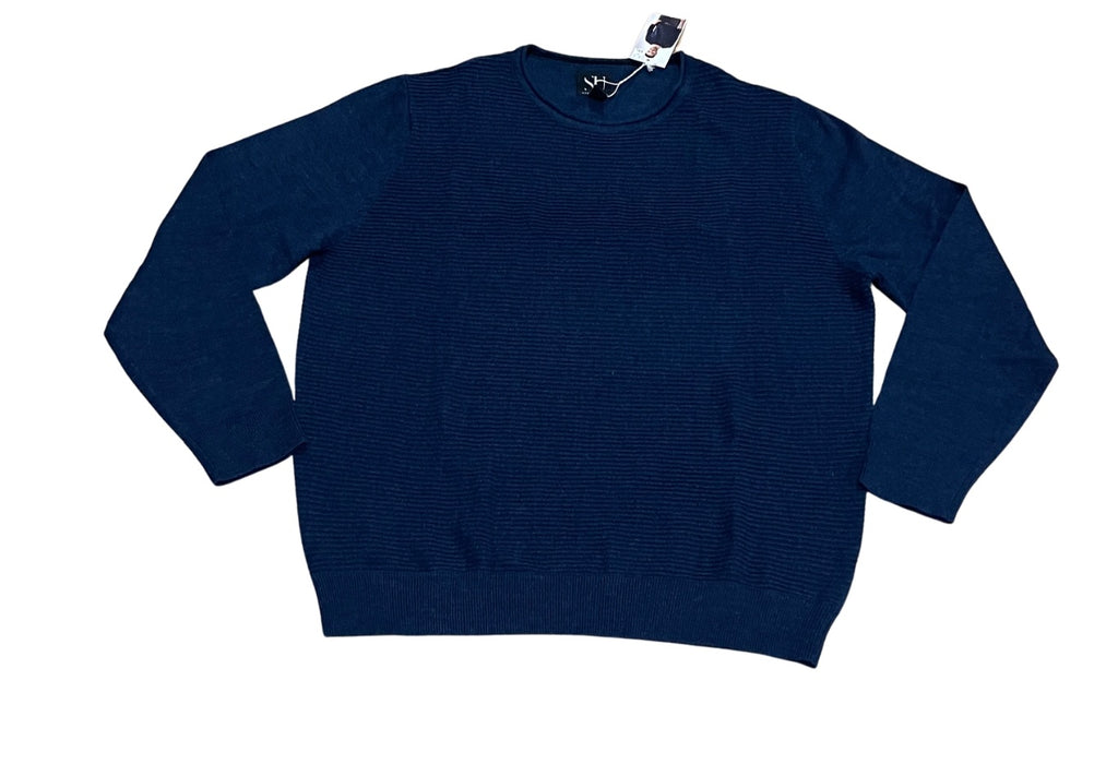 Mens Navy Blue Straight Up Soft Knit Cotton Blend Crew Ribbed Longsleeve Jumper
