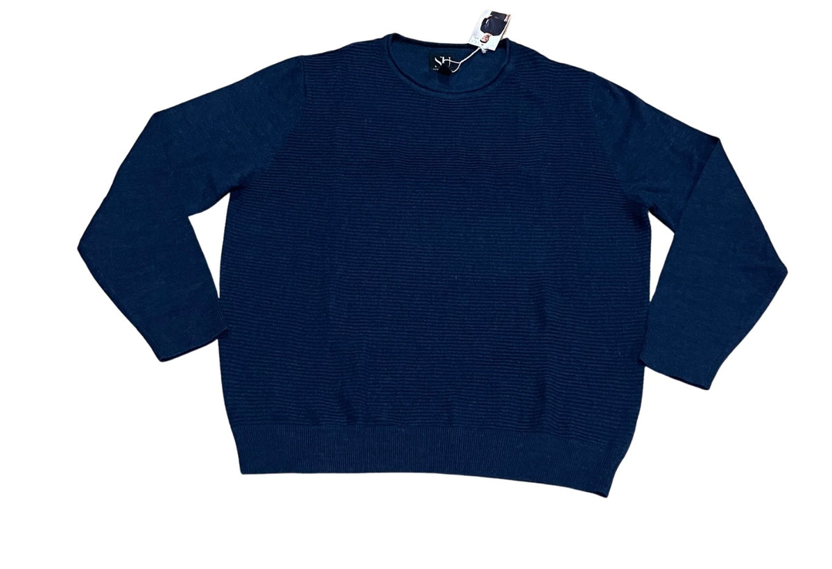 Mens Navy Blue Straight Up Soft Knit Cotton Blend Crew Ribbed Longsleeve Jumper
