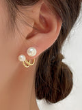 Ladies Gold Double Sided Simulated Pearl Double Layer0 Hook Stud Earrings