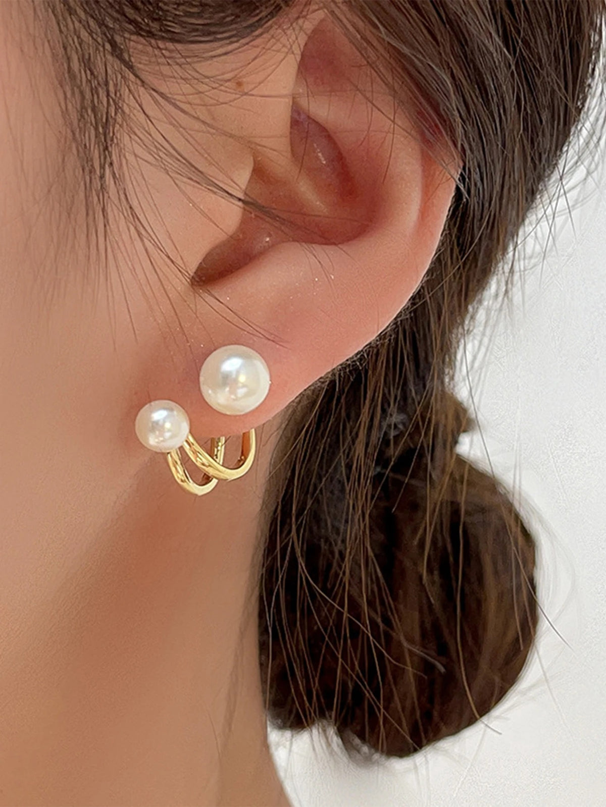 Ladies Gold Double Sided Simulated Pearl Double Layer0 Hook Stud Earrings