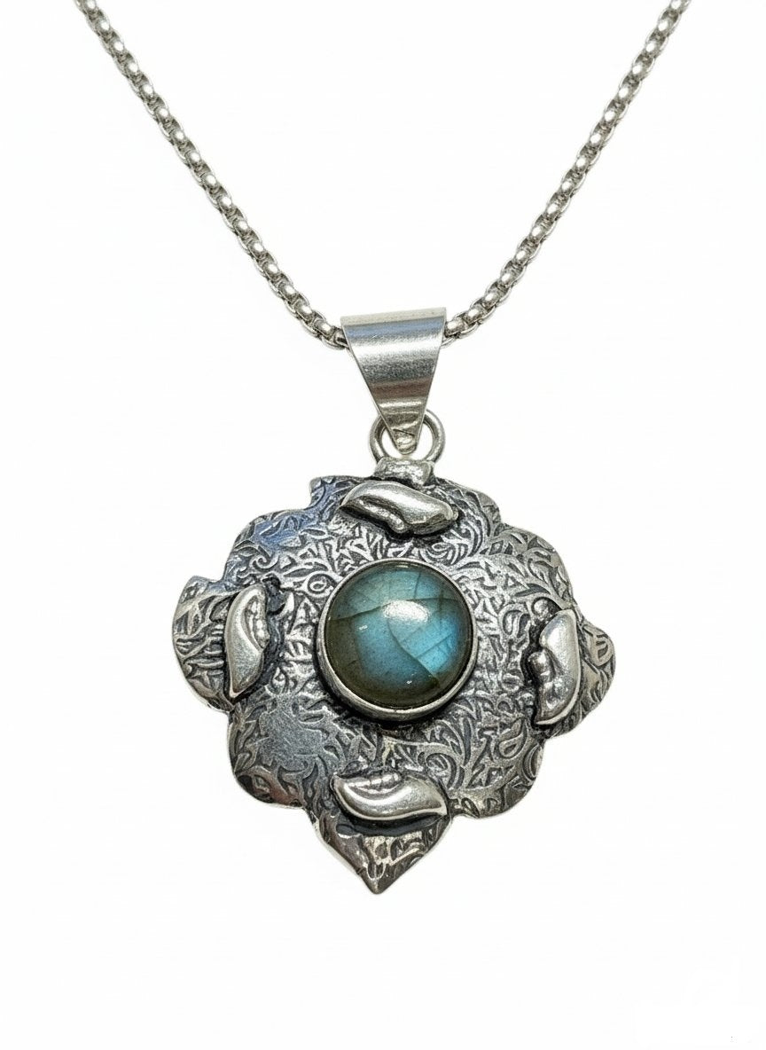 Ladies 925 Silver Plated Firey Labradorite 2" Pendant and Chain Necklace