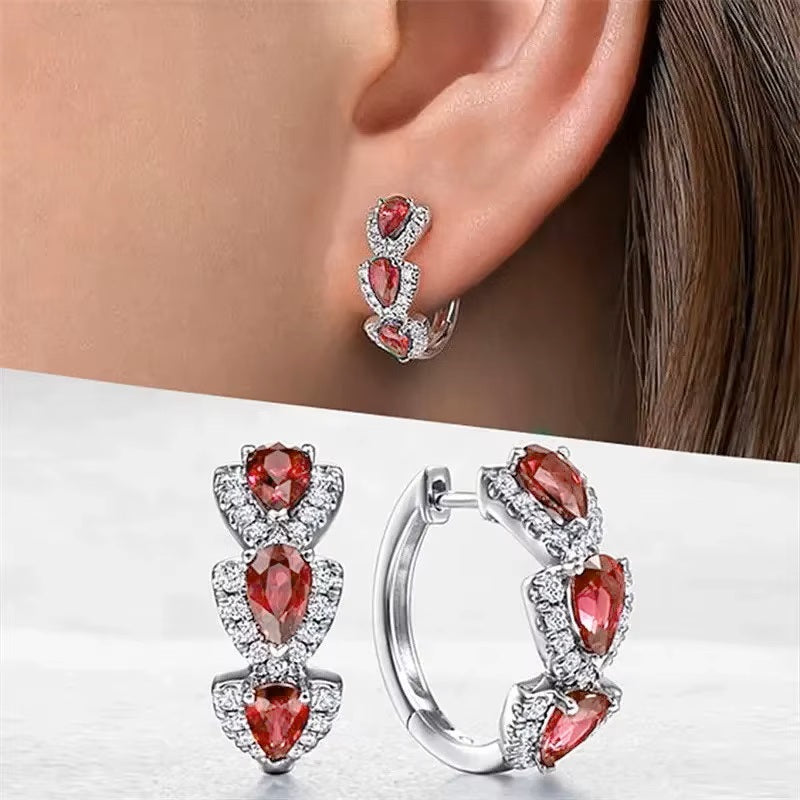 Ladies Girls Elegant Silver Huggie Round Blue Red Crystal Hoop Earrings