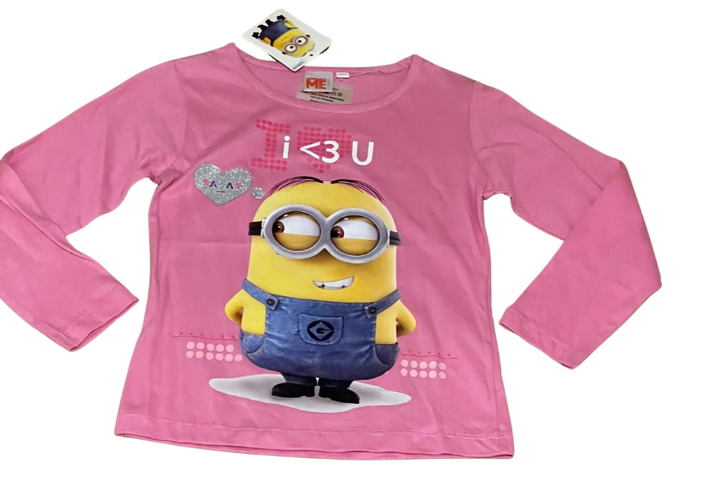 Girls Minion Despicable Me Pink Love Heart Cotton Long Sleeve Tunic Tops
