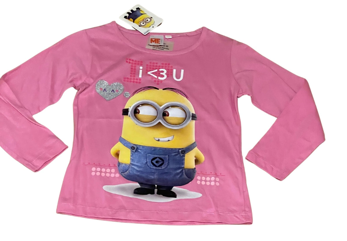 Girls Minion Despicable Me Pink Love Heart Cotton Long Sleeve Tunic Tops