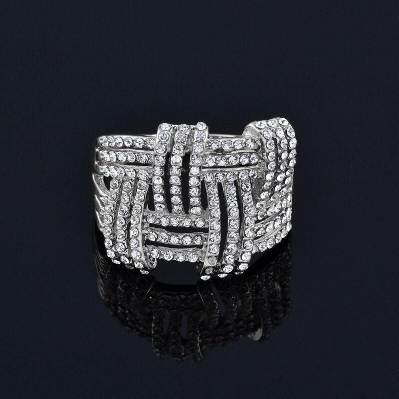 Ladies Silver Big In Out Weave Shape Wide Layer Micro Pave Crystal Rings