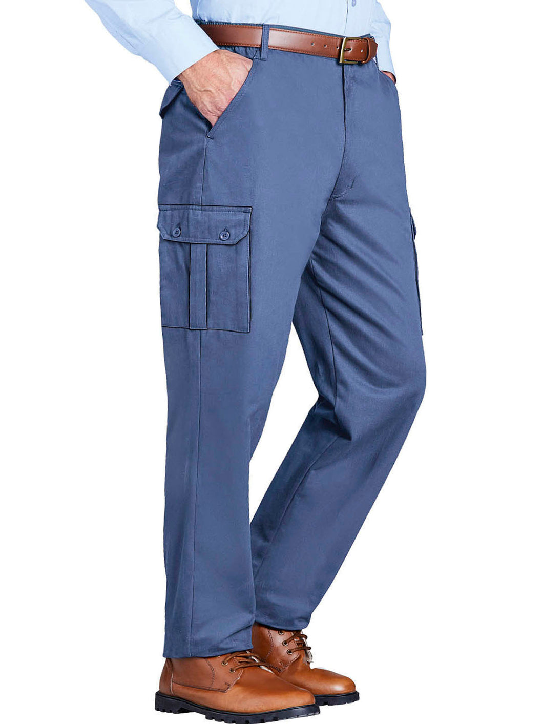 Mens Blue Combat Cargo Pure Cotton Side Elasticated Waist Trousers