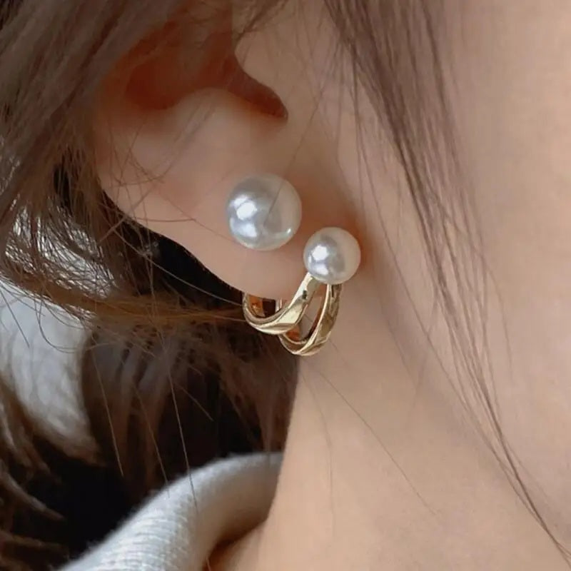 Ladies Gold Double Sided Simulated Pearl Double Layer0 Hook Stud Earrings