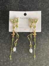 Load image into Gallery viewer, Ladies Gold Plated Butterfly Crystal Bead Twirl Long Tassel Dangling Earrings
