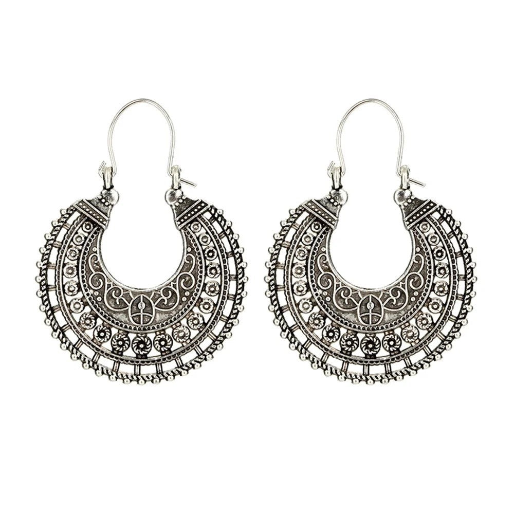 Ladies Silver Bohemian Retro Floral Cutout Round Wheel Dangle Earrings