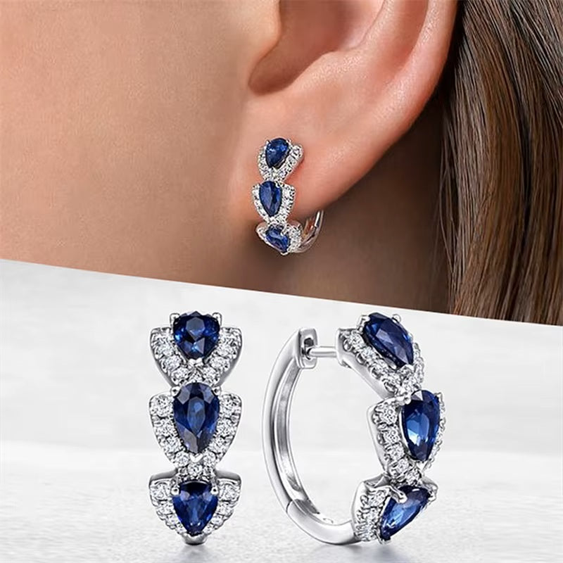 Ladies Girls Elegant Silver Huggie Round Blue Red Crystal Hoop Earrings