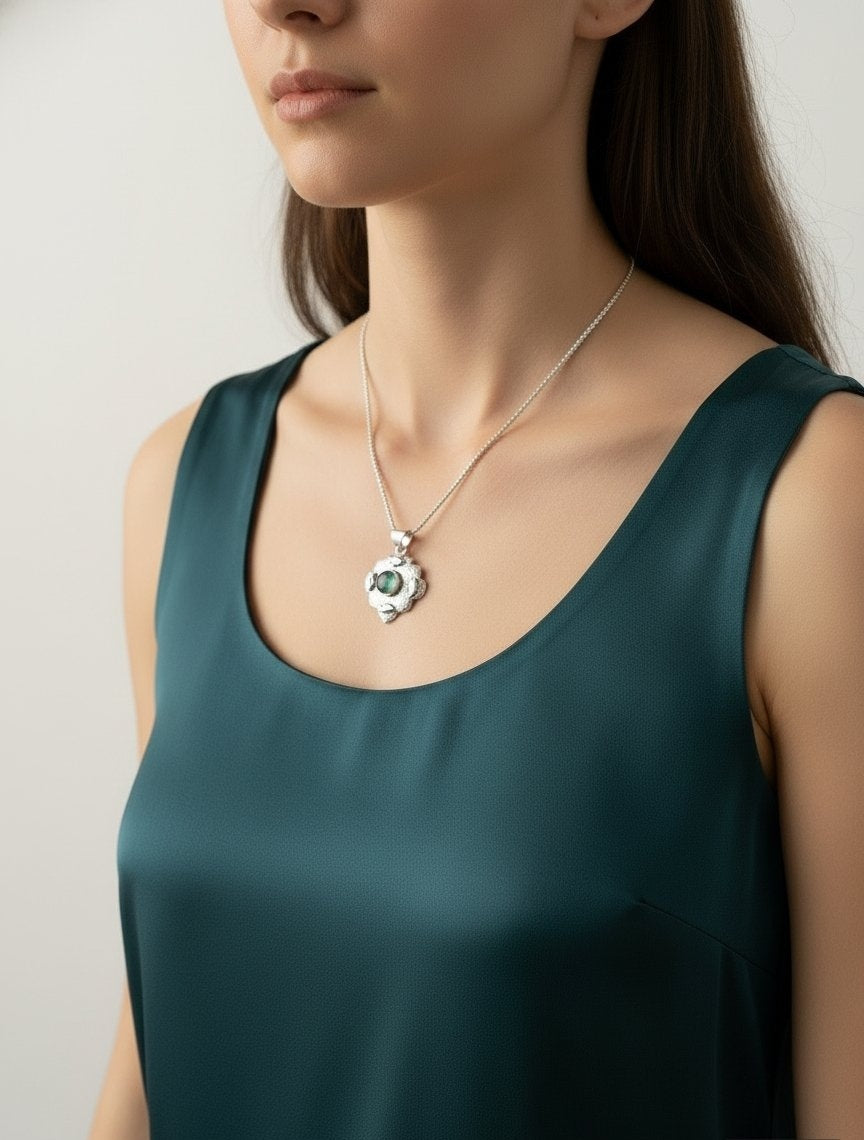Ladies 925 Silver Plated Firey Labradorite 2" Pendant and Chain Necklace