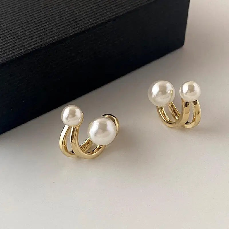 Ladies Gold Double Sided Simulated Pearl Double Layer0 Hook Stud Earrings