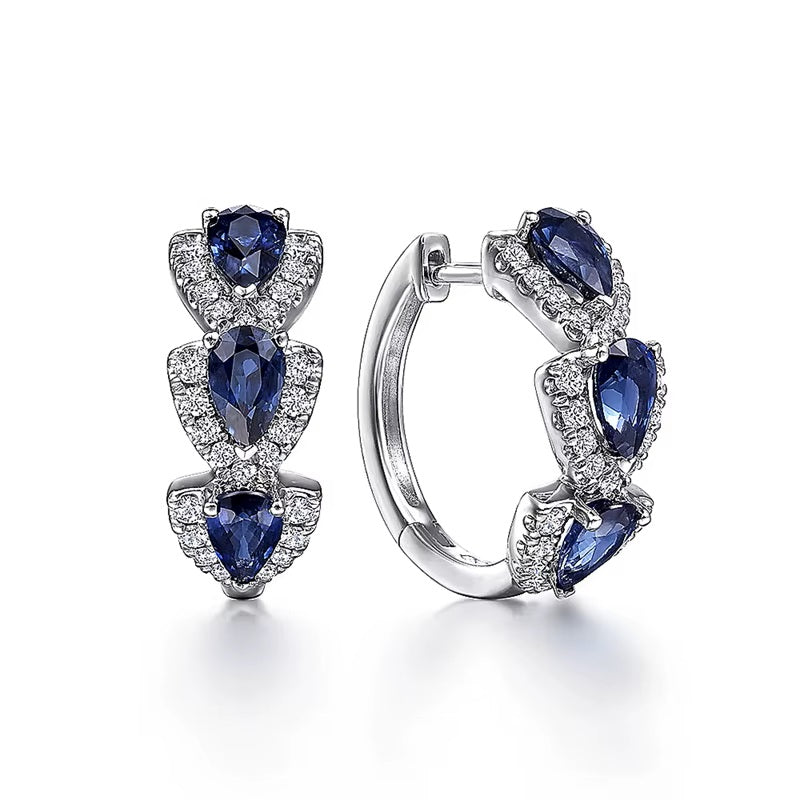 Ladies Girls Elegant Silver Huggie Round Blue Red Crystal Hoop Earrings