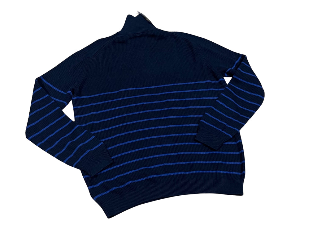Mens Navy & Blue Stripes Rib Organic Cotton High Neck Half Zip Longsleeve Jumper