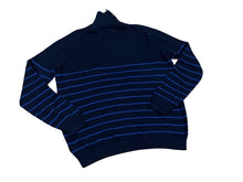 Load image into Gallery viewer, Mens Navy &amp; Blue Stripes Rib Organic Cotton High Neck Half Zip Longsleeve Jumper

