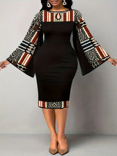 Load image into Gallery viewer, Ladies Elegant Black Geometric Print Cut out Bell Sleeve Dress
