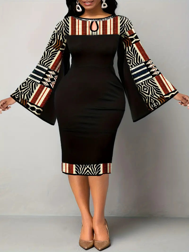 Ladies Elegant Black Geometric Print Cut out Bell Sleeve Dress