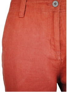 Ladies Terracotta Linen Cargo Carpri Crop Adjustable Waist Trousers