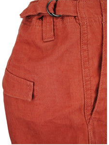 Ladies Terracotta Linen Cargo Carpri Crop Adjustable Waist Trousers