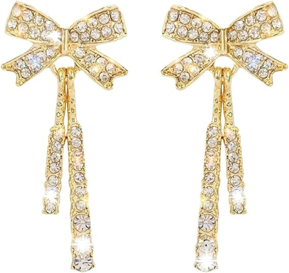 Ladies Gold Plated Sparkling Rhinestone Bowknot Tassel Drop Stud Earrings
