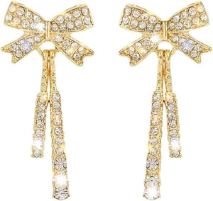 Ladies Gold Plated Sparkling Rhinestone Bowknot Tassel Drop Stud Earrings