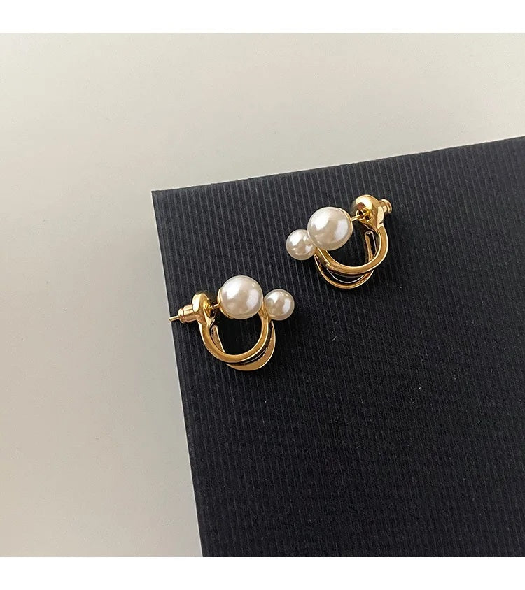 Ladies Gold Double Sided Simulated Pearl Double Layer0 Hook Stud Earrings